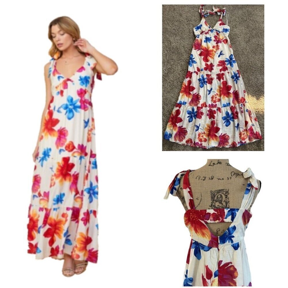 SKIES ARE BLUE Maxi Tiered Floral Dress Babydoll Cottagecore Resort Wear Beach S